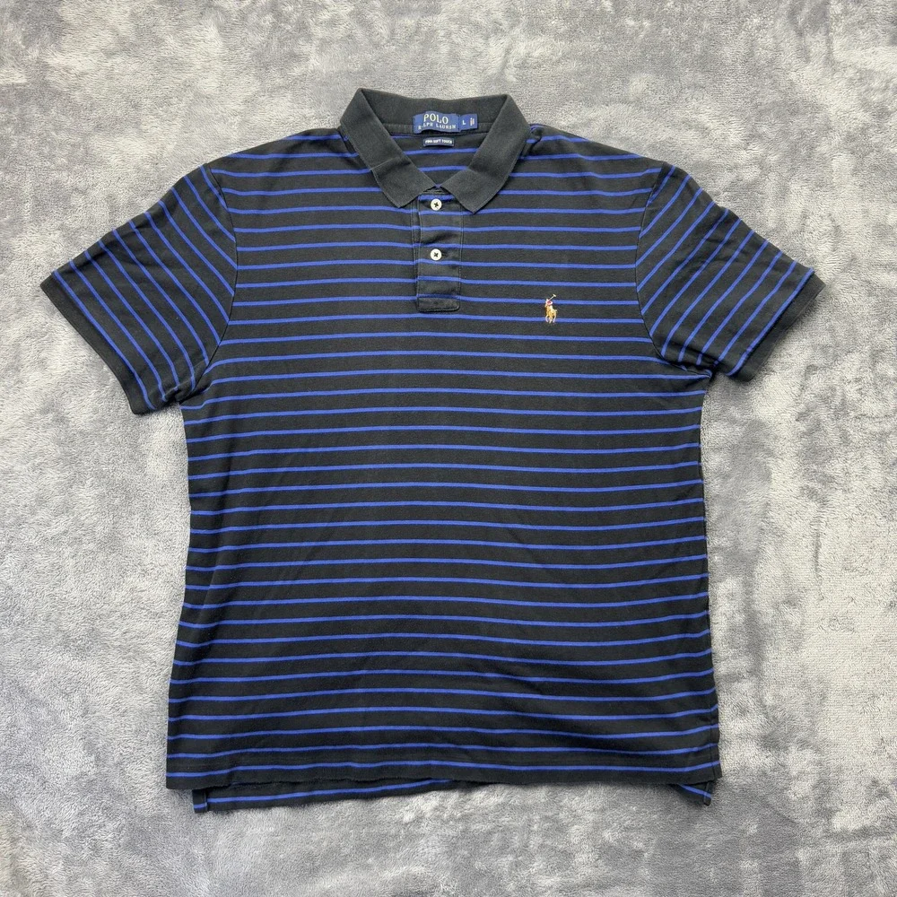 Polo Ralph Lauren Polo Mens L Black Blue Striped Pima Soft Touch Short Sleeve